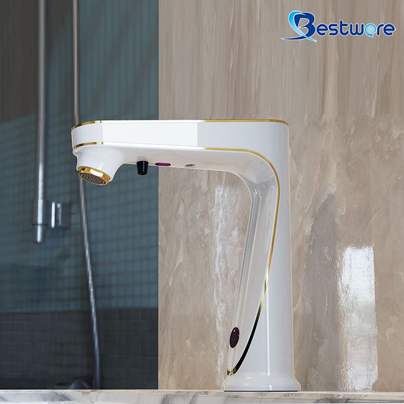 Automatic Tap with Digital Temperature Control and Soap Dispenser, White & Gold