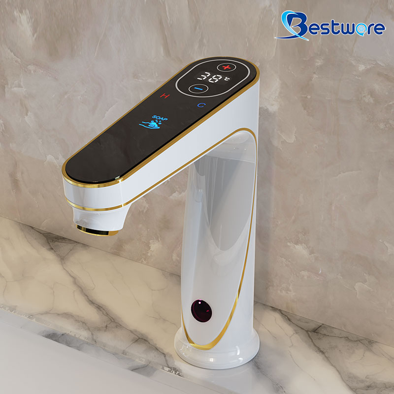 Automatic Tap with Digital Temperature Control and Soap Dispenser, White & Gold